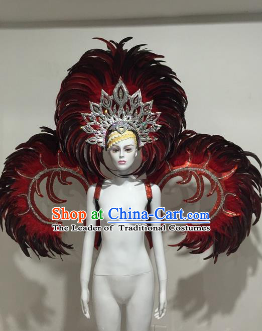 Top Grade Compere Professional Performance Catwalks Red Feather Wings Costume and Big Hair Accessories, Traditional Brazilian Rio Carnival Samba Opening Dance Suits Modern Fancywork Clothing for Women