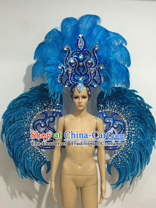 Top Grade Professional Stage Show Catwalks Blue Feather Wings and Headwear, Brazilian Rio Carnival Samba Opening Dance Custom-made Customized Clothing for Women