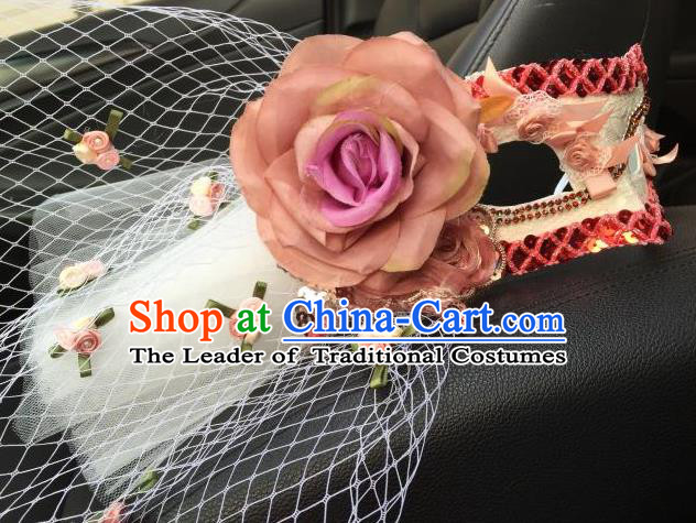 Top Grade Chinese Theatrical Headdress Ornamental Pink Flowers Mask, Asian Traditional Halloween Occasions Handmade Debutante Veil Mask for Women