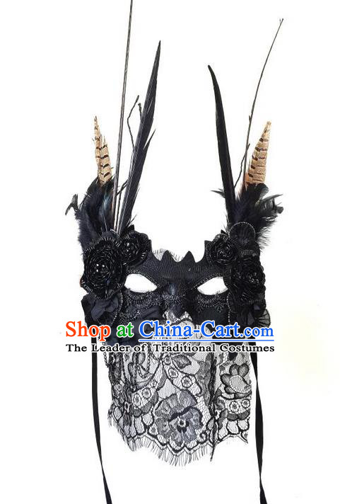 Top Grade Chinese Theatrical Headdress Ornamental Lace Veil Mask, Brazilian Carnival Halloween Occasions Handmade Miami Debutante Black Mask for Women