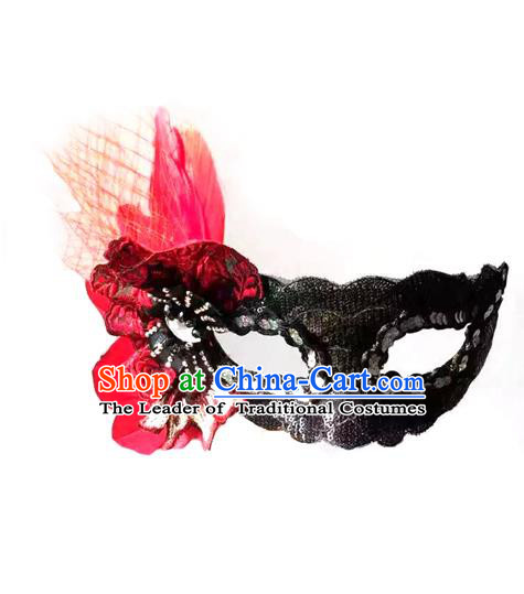 Top Grade Chinese Theatrical Headdress Ornamental Red Feather Mask, Brazilian Carnival Halloween Occasions Handmade Miami Debutante Black Mask for Women
