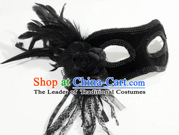 Top Grade Chinese Theatrical Headdress Ornamental Black Mask, Asian Traditional Halloween Occasions Handmade Debutante Feather Mask for Women