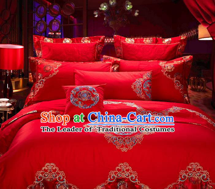 Traditional Asian Chinese Style Wedding Article Palace Lace Qulit Cover Bedding Sheet Complete Set, Embroidered Good Fortune Satin Drill Ten-piece Duvet Cover Textile Bedding Suit