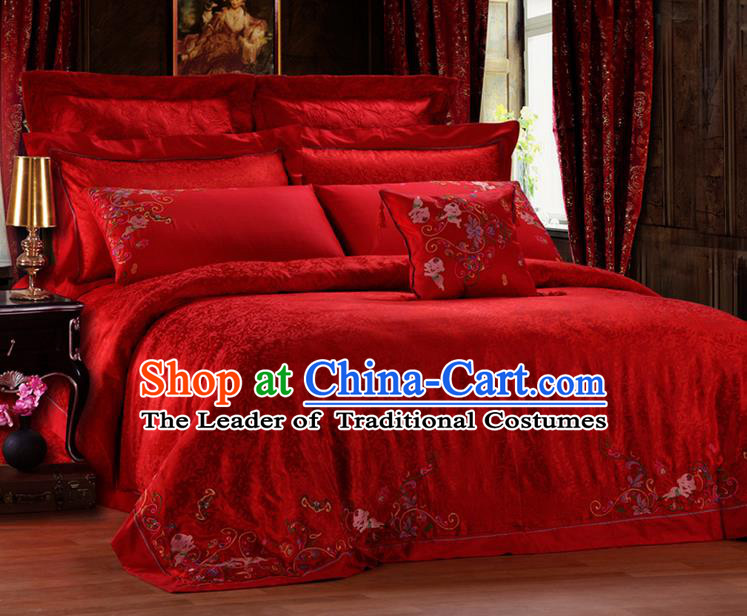 Traditional Asian Chinese Style Wedding Article Palace Lace Qulit Cover Bedding Sheet Complete Set, Embroidered Hundred Sons Satin Drill Eleven-piece Duvet Cover Textile Bedding Suit