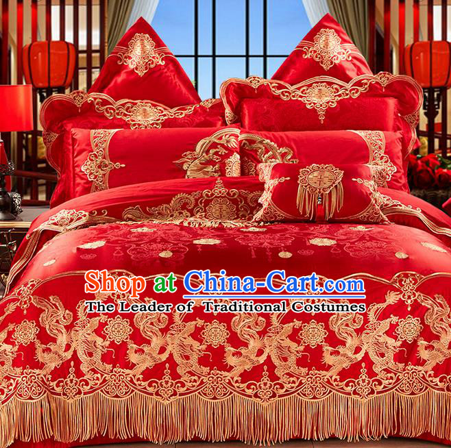 Traditional Asian Chinese Wedding Palace Qulit Cover Bedding Sheet Ten-piece Suit, Embroidered Dragon and Phoenix Satin Drill Duvet Cover Textile Bedding Complete Set