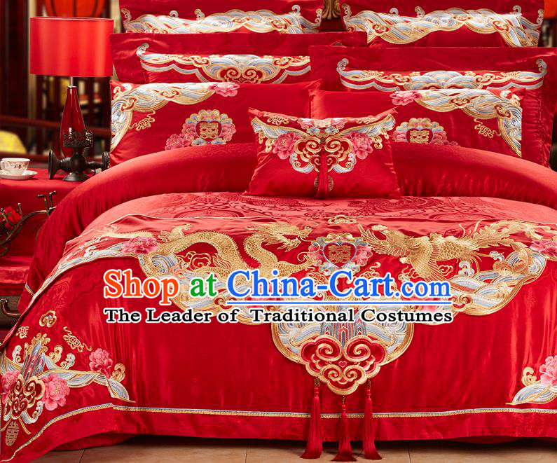 Traditional Asian Chinese Wedding Palace Qulit Cover Bedding Sheet Eleven-piece Suit, Embroidered Peony Dragon and Phoenix Satin Drill Duvet Cover Textile Bedding Complete Set