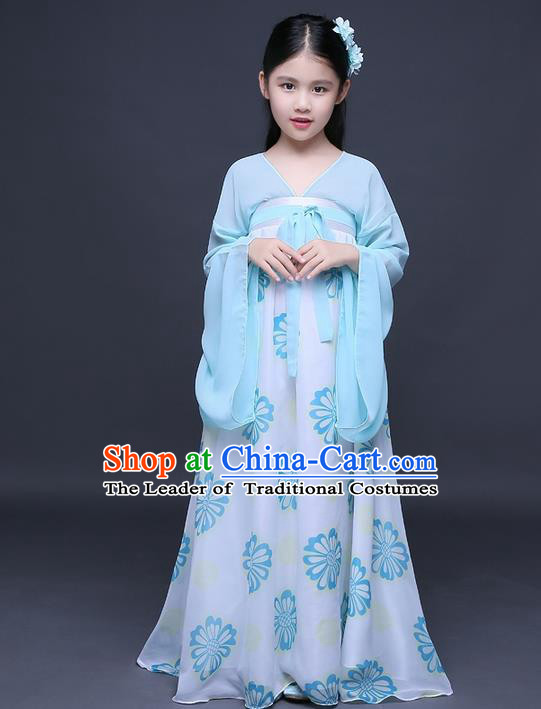 Traditional Ancient Chinese Imperial Princess Fairy Printing Phoenix Costume, Children Elegant Hanfu Clothing Chinese Tang Dynasty Blue Ruqun Dress Clothing for Kids