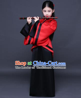 Traditional Ancient Chinese Imperial Princess Fairy Printing Costume, Children Elegant Hanfu Clothing Han Dynasty Black Curve Bottom Dress Clothing for Kids