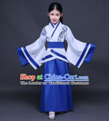 Traditional Ancient Chinese Imperial Princess Fairy Embroidery Costume, Children Elegant Hanfu Clothing Han Dynasty Royalblue Curve Bottom Dress Clothing for Kids