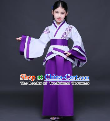 Traditional Ancient Chinese Imperial Princess Fairy Embroidery Costume, Children Elegant Hanfu Clothing Han Dynasty Purple Curve Bottom Dress Clothing for Kids
