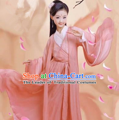 Traditional Ancient Chinese Apsara Girls Embroidery Wedding Costume, Children Elegant Hanfu Clothing Tang Dynasty Princess Fairy Pink Dress Clothing for Kids