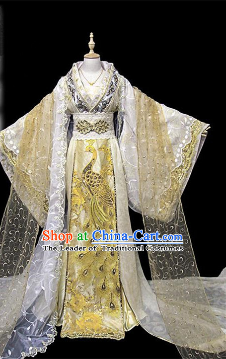 Traditional Ancient Chinese Female Imperial Concubine Embroidered Costume, Chinese Han Dynasty Imperial Fairy Golden Dress Hanfu Clothing for Women