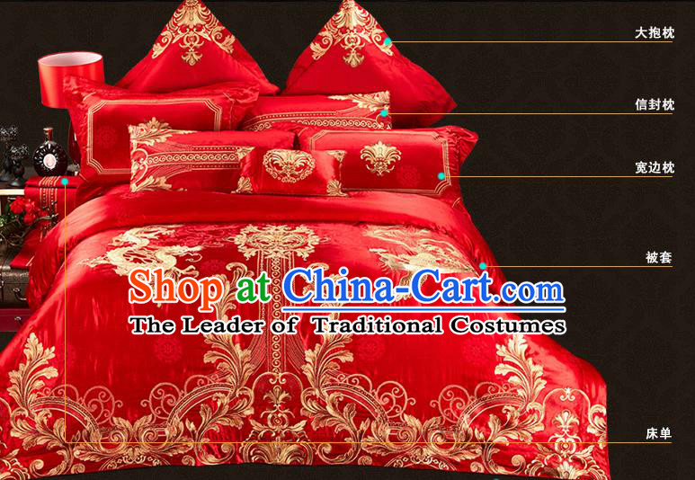 Traditional Chinese Style Wedding Bedding Article Embroidery Dragon and Phoenix Sheet and Duvet Cover Red Textile Bedding Suit