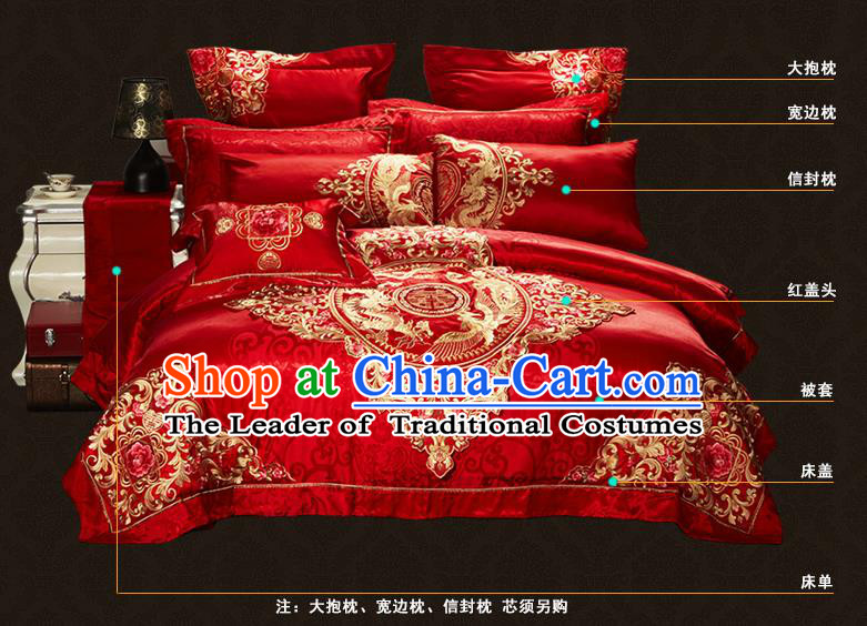 Traditional Chinese Style Wedding Bedding Article Embroidery Dragon and Phoenix Sheet and Duvet Cover Red Textile Bedding Suit