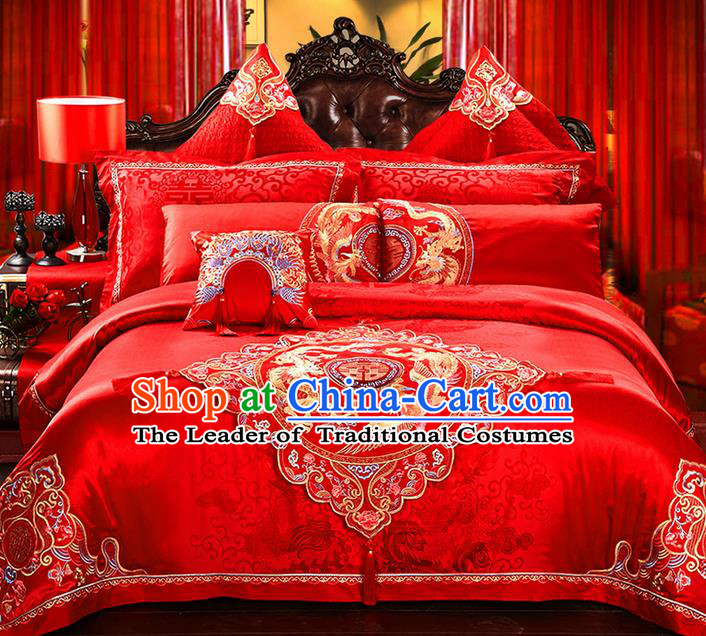 Traditional Asian Chinese Style Wedding Article Peking Opera Bedding Sheet Complete Set, Embroidery Dragon and Phoenix Red Eleven-piece Duvet Cover Satin Drill Textile Bedding Suit