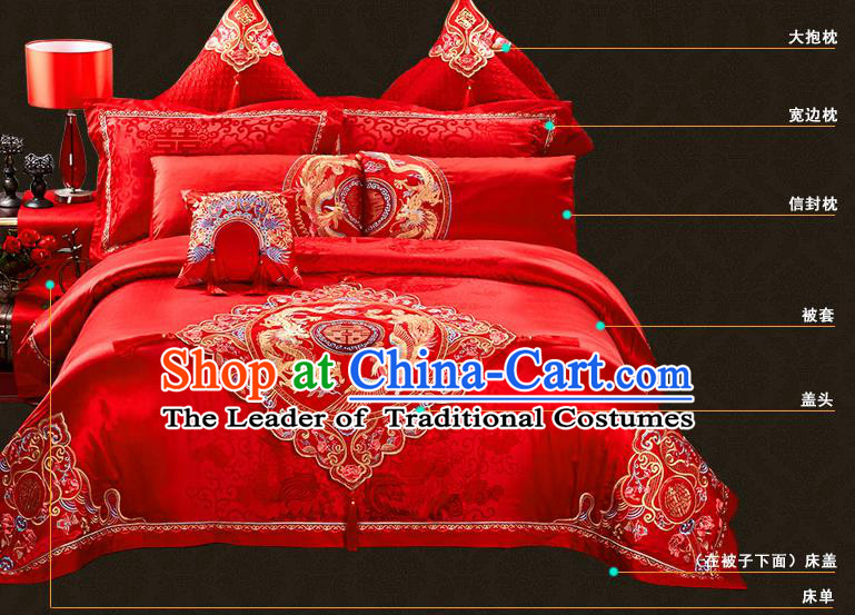 Traditional Chinese Style Wedding Bedding Article Embroidery Dragon and Phoenix Sheet and Duvet Cover Red Textile Bedding Suit