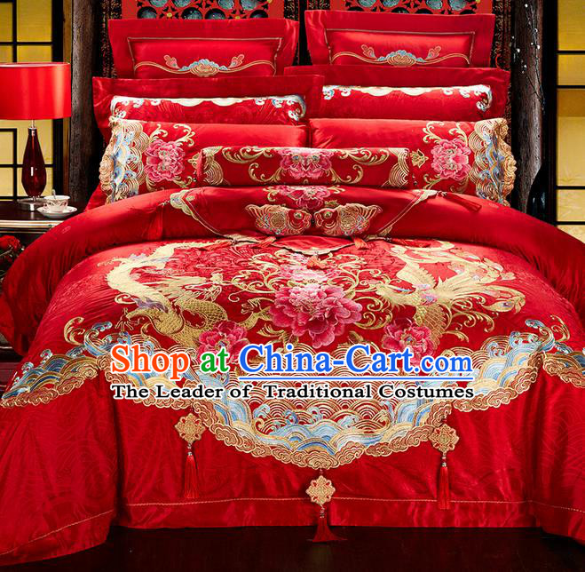 Traditional Asian Chinese Style Wedding Article Bedding Peony Sheet Complete Set, Embroidery Dragon and Phoenix Red Twelve-piece Duvet Cover Satin Drill Textile Bedding Suit