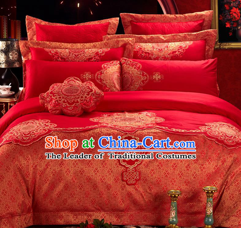 Traditional Asian Chinese Style Wedding Article Bedding Sheet Complete Set, Embroidery Red Nine-piece Duvet Cover Satin Drill Textile Bedding Suit