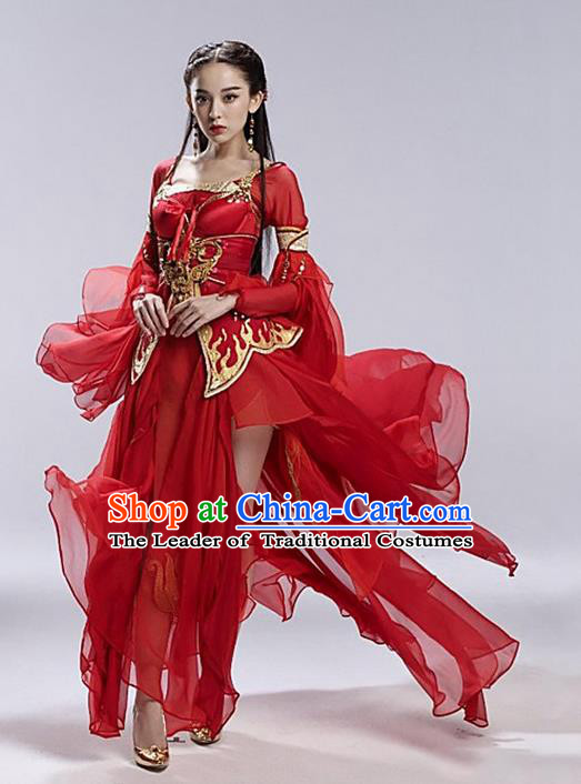 Traditional Asian Chinese Ancient Apsara Peri Costume, China Elegant Hanfu Clothing Tang Dynasty Palace Princess Fairy Red Flying Dance Dress Clothing for Women