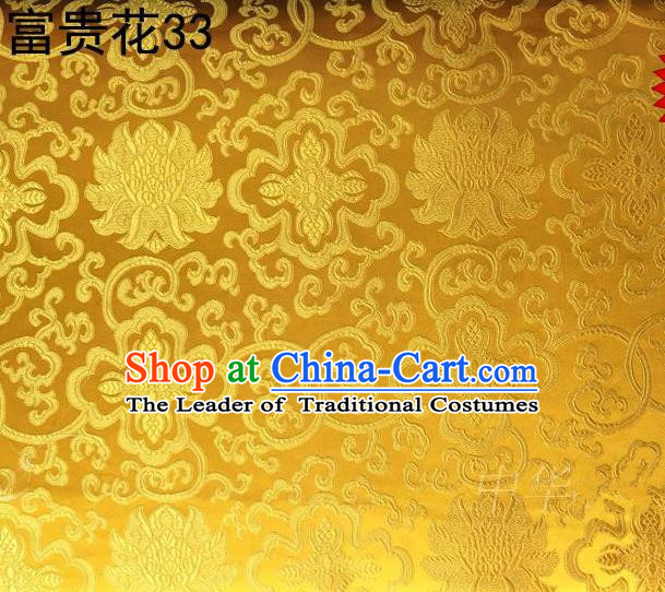 Asian Chinese Traditional Riches and Honour Flowers Golden Embroidered Silk Fabric, Top Grade Arhat Bed Brocade Satin Tang Suit Hanfu Dress Fabric Cheongsam Cloth Material