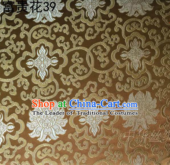Asian Chinese Traditional White Riches and Honour Flowers Embroidered Mud Golden Silk Fabric, Top Grade Arhat Bed Brocade Satin Tang Suit Hanfu Dress Fabric Cheongsam Cloth Material