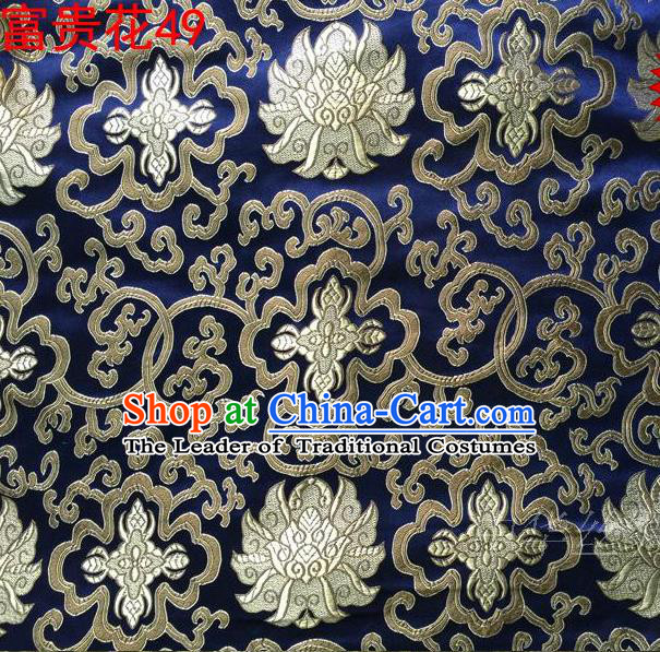 Asian Chinese Traditional Golden Riches and Honour Flowers Embroidered Royalblue Silk Fabric, Top Grade Arhat Bed Brocade Satin Tang Suit Hanfu Dress Fabric Cheongsam Cloth Material