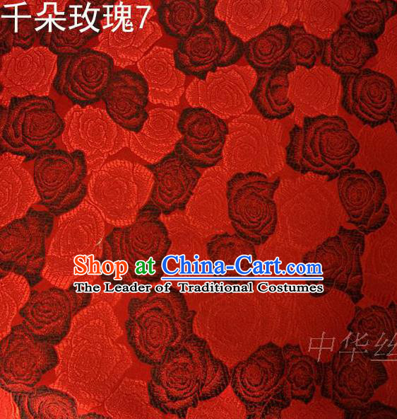 Asian Chinese Traditional Jacquard Weave Rose Flowers Wine Red Satin Mulberry Silk Fabric, Top Grade Brocade Tang Suit Hanfu Princess Dress Fabric Cheongsam Cloth Material