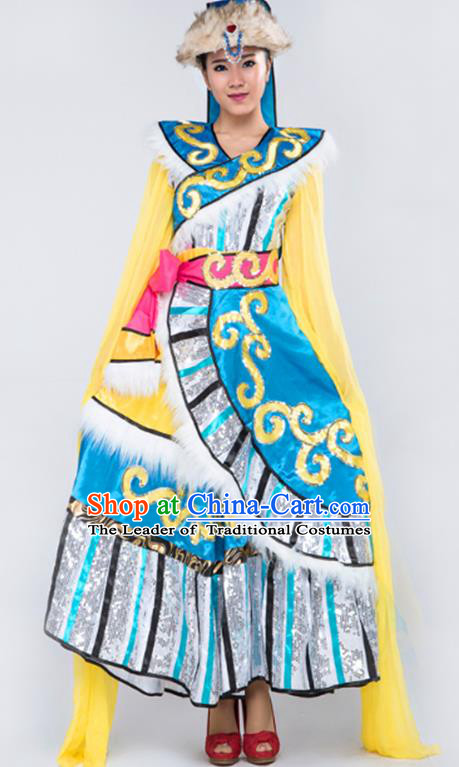 Traditional Chinese Zang Nationality Dancing Costume, Tibetan Female Folk Clothing Embroidery Dress for Women