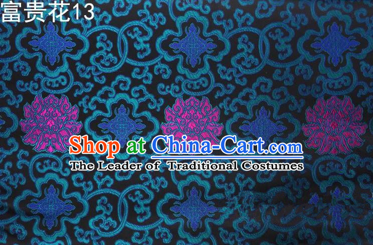 Asian Chinese Traditional Riches and Honour Flowers Embroidered Peacock Blue Silk Fabric, Top Grade Arhat Bed Brocade Satin Tang Suit Hanfu Dress Fabric Cheongsam Cloth Material
