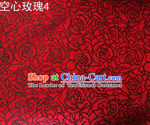 Asian Chinese Traditional Jacquard Weave Embroidered Black Rose Flowers Red Satin Silk Fabric, Top Grade Brocade Tang Suit Hanfu Coat Dress Fabric Cheongsam Cloth Material