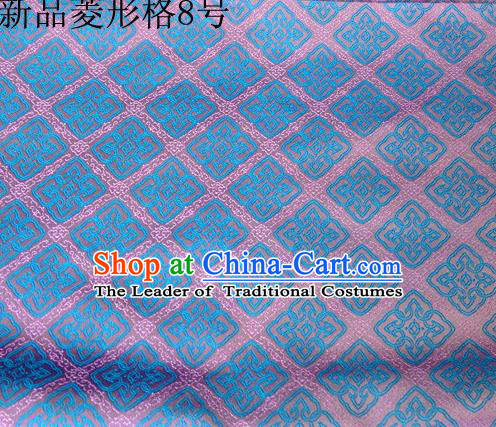 Asian Chinese Traditional Handmade Embroidery Rhombus Pattern Satin Silk Fabric, Top Grade Nanjing Brocade Tang Suit Hanfu Fabric Cheongsam Lake Blue Cloth Material