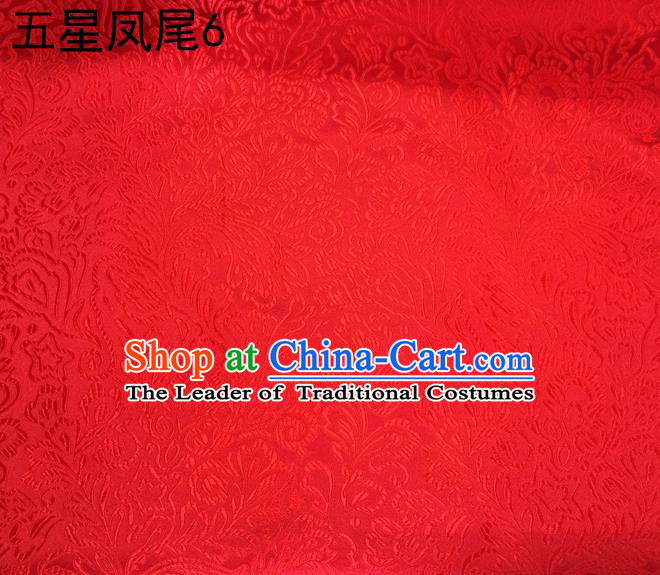 Asian Chinese Traditional Handmade Embroidery Red Five-star Ombre Flowers Satin Silk Fabric, Top Grade Nanjing Brocade Tang Suit Hanfu Fabric Cheongsam Cloth Material