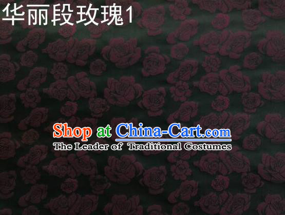 Traditional Asian Chinese Handmade Embroidery Roses Satin Black Silk Fabric, Top Grade Nanjing Brocade Ancient Costume Tang Suit Hanfu Clothing Fabric Cheongsam Cloth Material