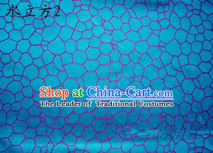 Traditional Asian Chinese Handmade Printing Water Cube Structure Satin Blue Silk Fabric, Top Grade Nanjing Brocade Tang Suit Hanfu Clothing Fabric Cheongsam Cloth Material