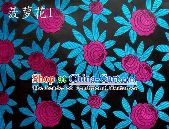 Traditional Asian Chinese Handmade Embroidery Pineapple Flowers Satin Black Silk Fabric, Top Grade Nanjing Brocade Tang Suit Hanfu Tibetan Clothing Fabric Cheongsam Cloth Material
