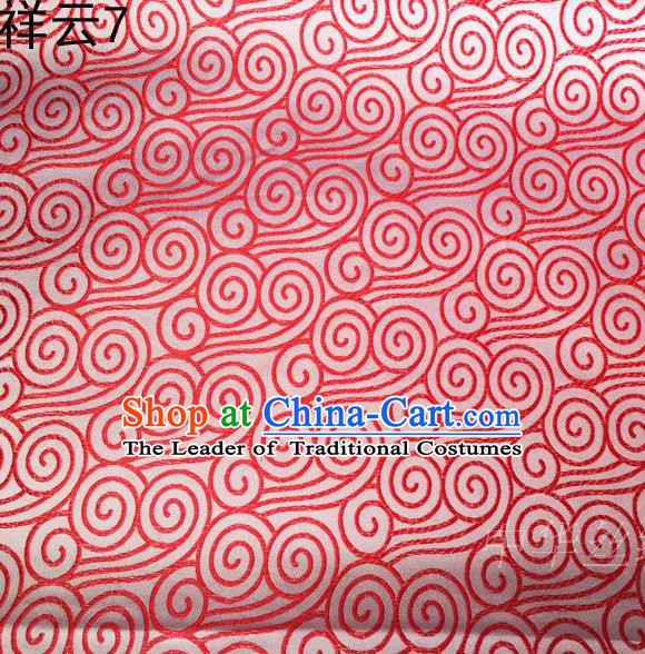 Traditional Asian Chinese Handmade Embroidery Red Auspicious Clouds Satin White Silk Fabric, Top Grade Nanjing Brocade Tang Suit Hanfu Clothing Fabric Cheongsam Cloth Material
