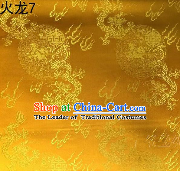 Traditional Asian Chinese Handmade Embroidery Fire Dragons Satin Tang Suit Golden Silk Fabric, Top Grade Nanjing Brocade Ancient Costume Hanfu Clothing Fabric Cheongsam Cloth Material