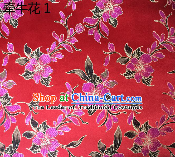 Traditional Asian Chinese Handmade Embroidery Morning Glory Flowers Silk Satin Tang Suit Red Fabric Drapery, Nanjing Brocade Ancient Costume Hanfu Cheongsam Cloth Material