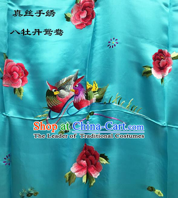 Traditional Asian Chinese Handmade Embroidery Mandarin Ducks Peony Quilt Cover Silk Tapestry Blue Fabric Drapery, Top Grade Nanjing Brocade Bed Sheet Cloth Material