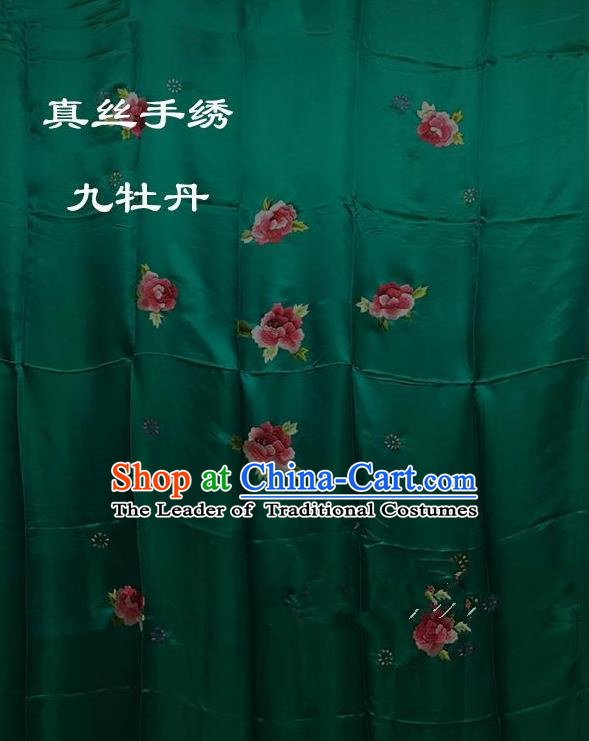 Traditional Asian Chinese Handmade Embroidery Ninth Peony Quilt Cover Silk Tapestry Deep Green Fabric Drapery, Top Grade Nanjing Brocade Bed Sheet Cloth Material