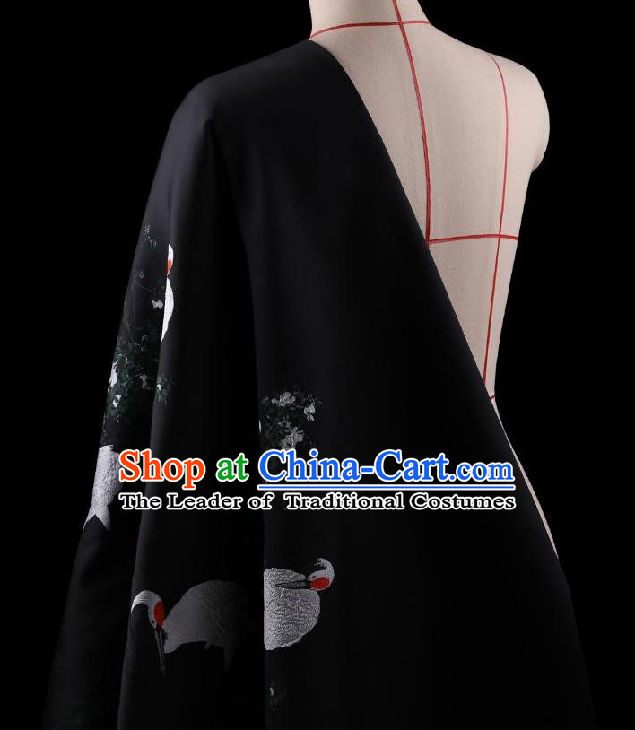 Traditional Asian Chinese Handmade Printing Cranes Dress Silk Satin Black Fabric Drapery, Top Grade Nanjing Brocade Ancient Costume Cheongsam Cloth Material