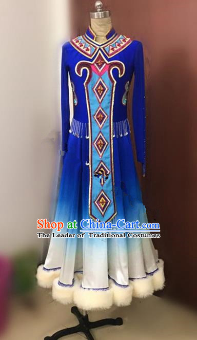 Traditional Chinese Uyghur Nationality Dancing Costume, Folk Dance Ethnic Blue Dress, Chinese Minority Nationality Uigurian Dance Costume for Women