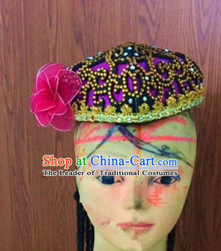 Traditional Chinese Uyghur Nationality Dance Rosy Hat, Folk Dance Ethnic Chinese Minority Nationality Uigurian Dance Headwear for Women