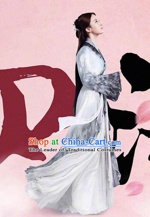 Asian Chinese Traditional Young Lady Costume and Headpiece Complete Set, Films Once Upon a Time China Fairy Bai Qian Dress Clothing for Women