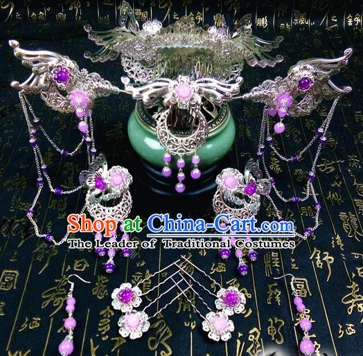 Traditional Handmade Chinese Ancient Classical Hair Accessories Complete Set, Phoenix Coronet Step Shake Tassel Hair Stick, Hair Fascinators Hairpins for Women