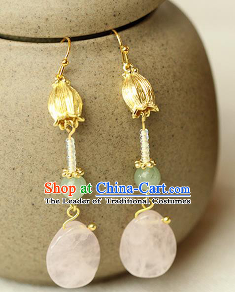 Chinese Ancient Style Hair Jewelry Accessories Wedding Imperial Consort Pink Jade Earrings, Hanfu Xiuhe Suits Bride Handmade Eardrop for Women