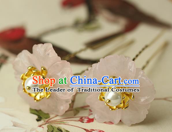 Chinese Ancient Style Hair Jewelry Accessories Wedding Barrettes Pink Flower Hairpins, Hanfu Xiuhe Suits Step Shake Bride Handmade Hairpins for Women