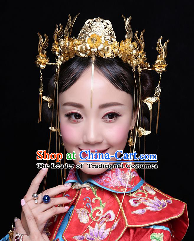 Chinese Ancient Style Hair Jewelry Accessories Wedding Tassel Hairpins, Hanfu Xiuhe Suits Step Shake Bride Handmade Phoenix Coronet Hair Fascinators Complete Set for Women