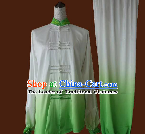 Asian Chinese Top Grade Silk Kung Fu Costume Martial Arts Tai Chi Training Suit, China Gongfu Shaolin Wushu Gradient Green Uniform for Women