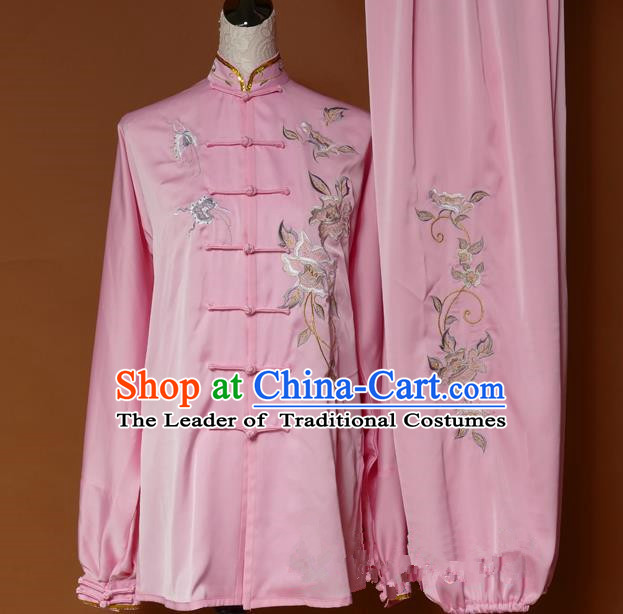 Top Grade Kung Fu Costume Asian Chinese Martial Arts Tai Chi Training Pink Uniform, China Embroidery Butterfly Peony Gongfu Shaolin Wushu Clothing for Women